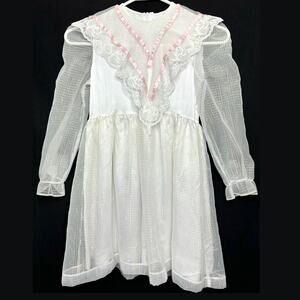 Vintage 1980s Girls Dress 6-8 Iridescent White Pink Trim Lace Polly Flinders